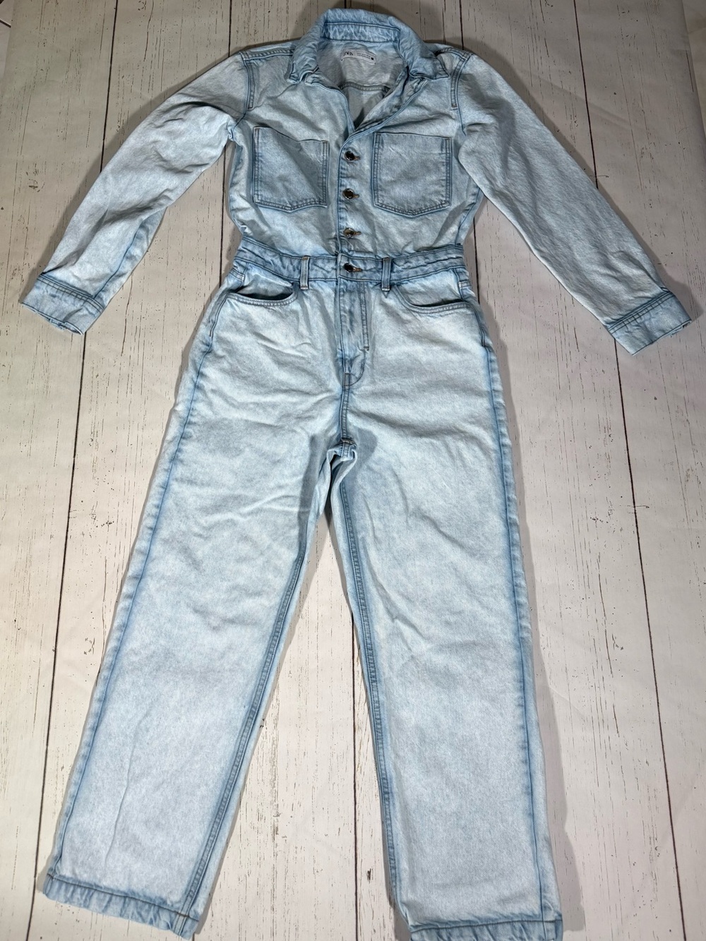 Zara Pale Blue Denim Straight-Leg Jumpsuit Size M NWOT